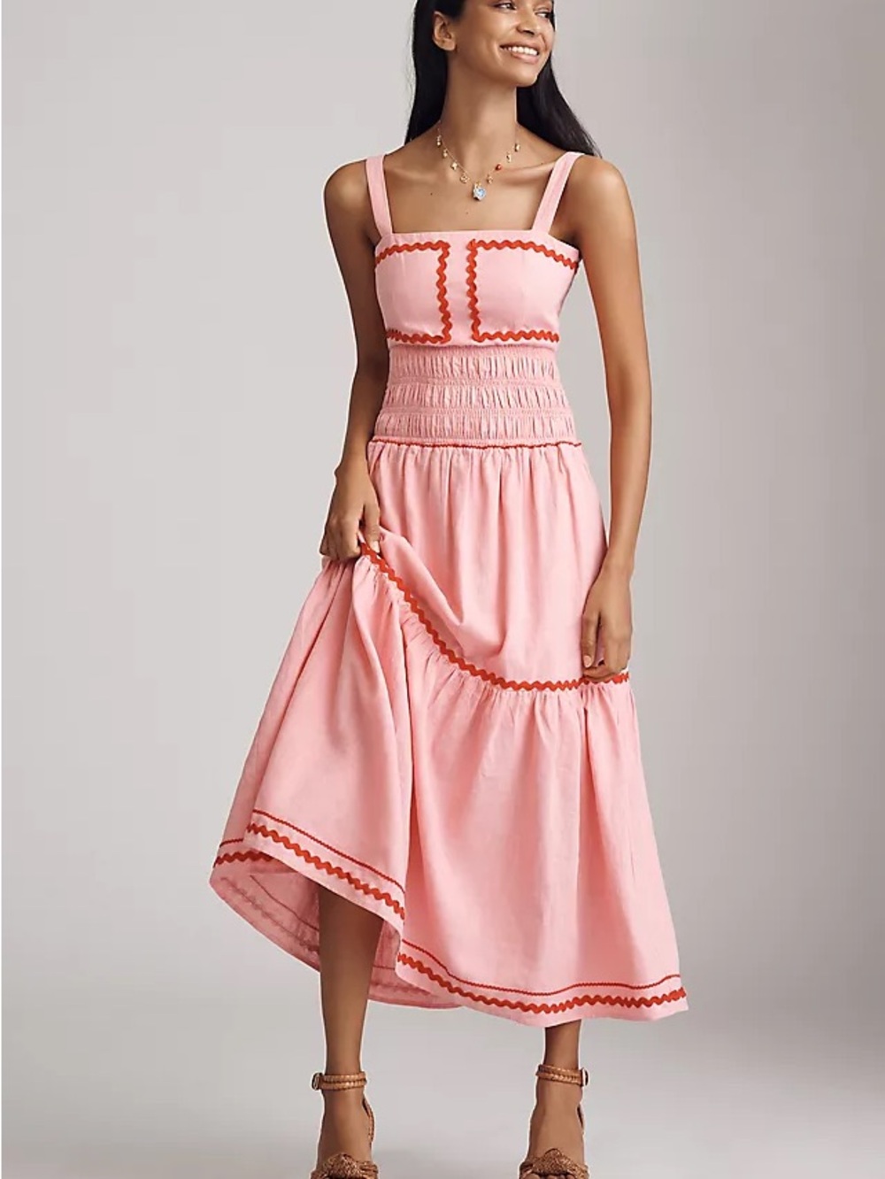 New Anthropologie English Factory Linen Cotton Rickrack Midi Dress Sz Medium